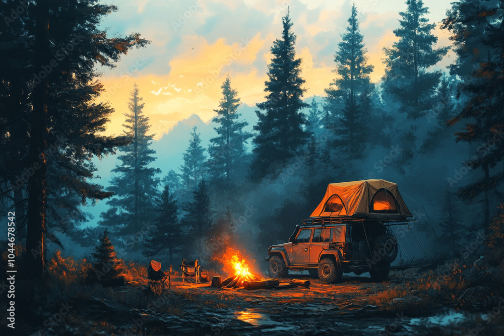 A scenic overlanding camp features a dirty off-road vehicle parked beside a cozy tent, with a campfire crackling and smoke wafting gently into the twilight sky A scenic overlanding camp features a dirty off-road vehicle parked beside a cozy tent, with a campfire crackling and smoke wafting gently into the twilight sky