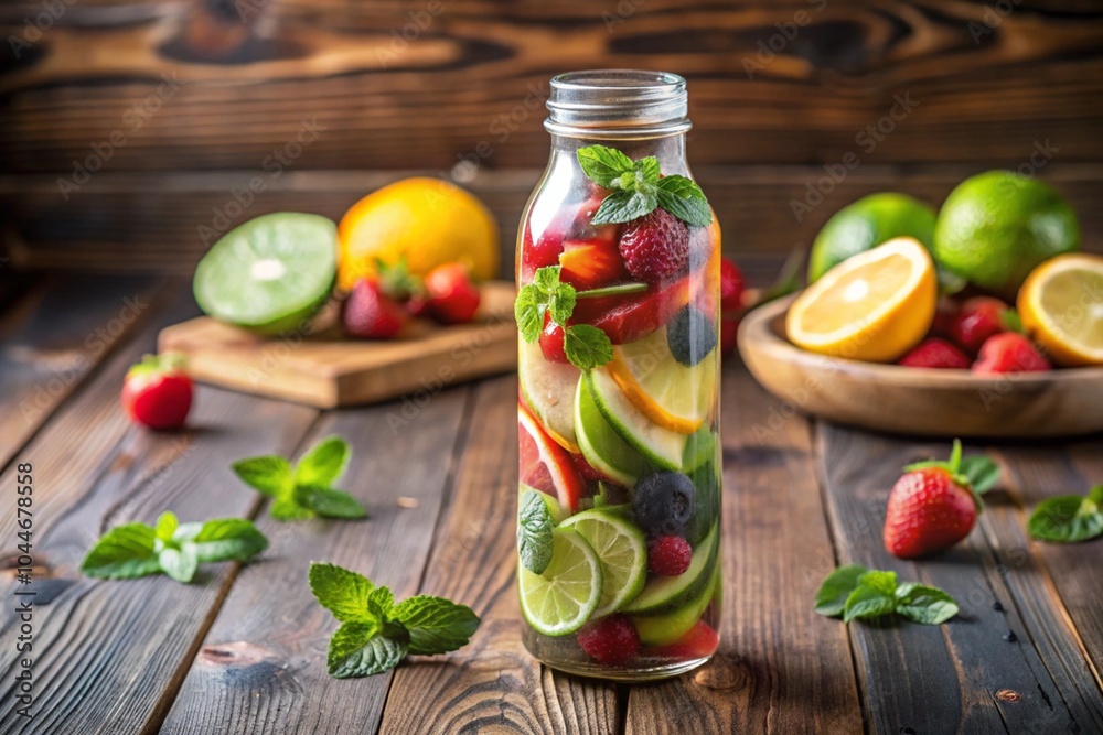 A glass bottle filled with a colorful fruit drink sits on a wooden table