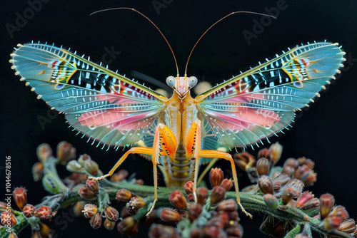Amazing colorful Pseudocreobotra wahlbergii female Spiny Flower Mantis show wings on black background