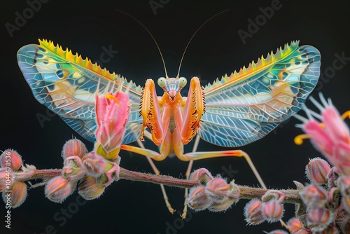 Amazing colorful Pseudocreobotra wahlbergii female Spiny Flower Mantis show wings on black background photo