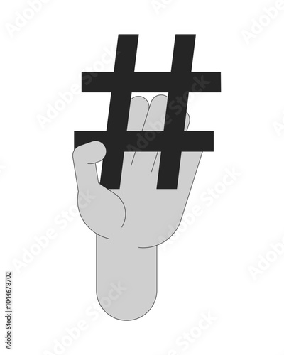 Hand holding hashtag outline illustration. Categorize content on social media. Keyword phrase microblogging. Hash tag symbol isolated 2D vector image black and white. Monochromatic drawing clip art