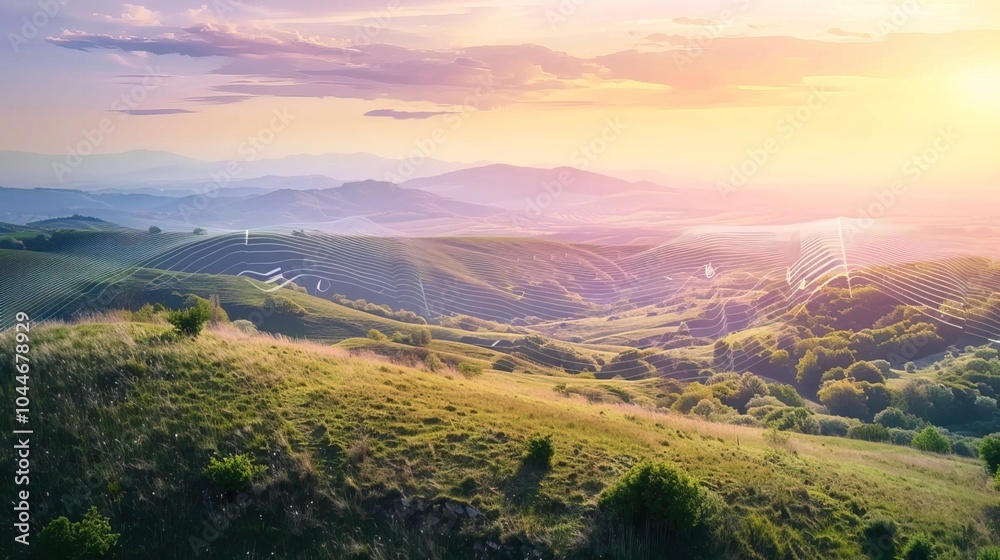 Obraz premium Sound waves radiating across a serene landscape, symbolizing the interconnectedness and harmony of natural and auditory elements.