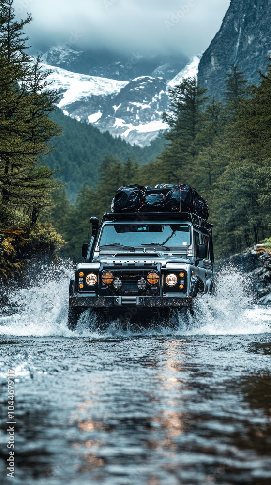 The overlander SUV makes a thrilling river crossing, splashing water as it navigates the wild terrain, with gear packed on the roof for an exciting outdoor expedition The overlander SUV makes a thrilling river crossing, splashing water as it navigates the wild terrain, with gear packed on the roof for an exciting outdoor expedition