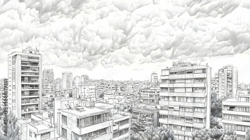 A pencil sketch of a cityscape with a cloudy sky above. A pencil sketch of a cityscape with a cloudy sky above.