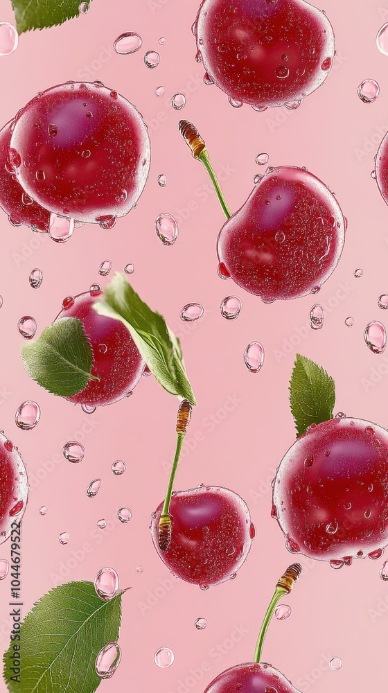 Cherries with leaves and water drops Cherries with leaves and water drops