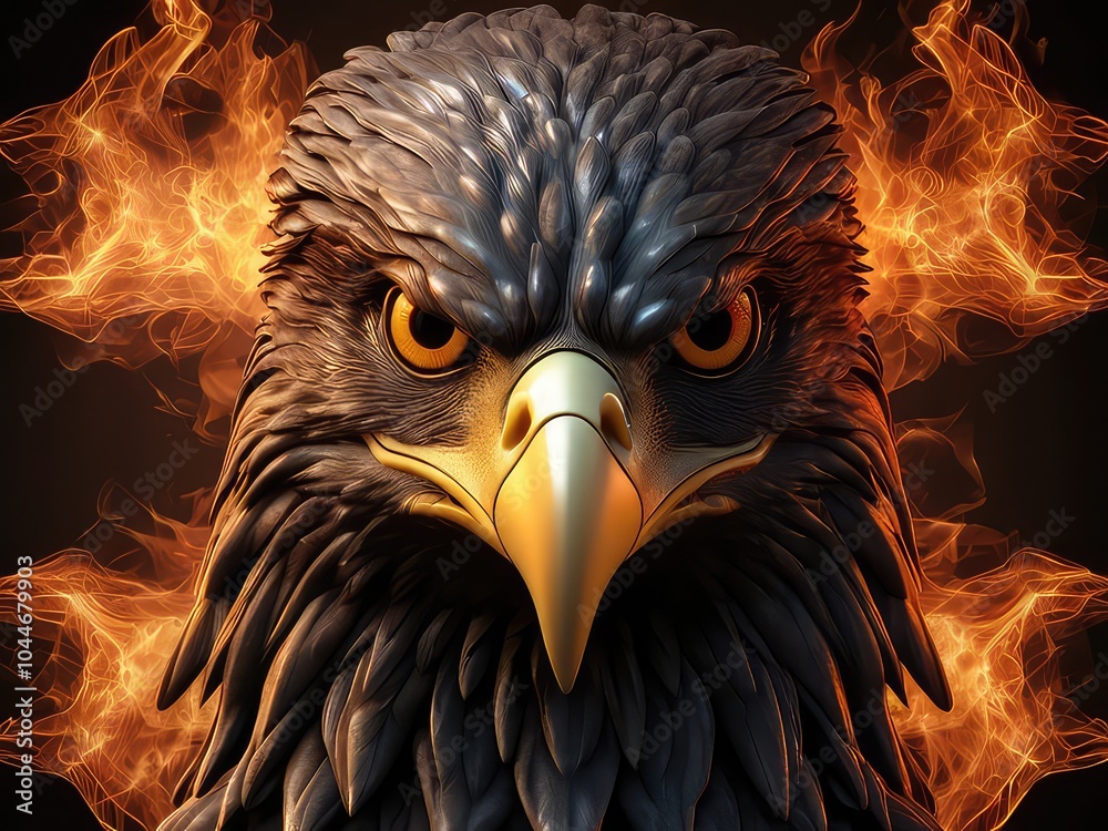 Fototapeta premium abstract 3d background with a eagls face on black background, A scary black eagle face logo in the fire on a white background. A magical creature made of fire