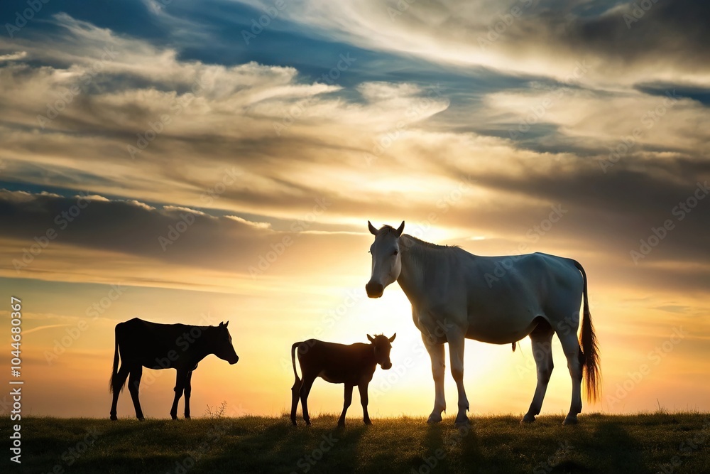 Silhouette of dairy cow with calf in field and white horse grazing Silhouette of dairy cow with calf in field and white horse grazing