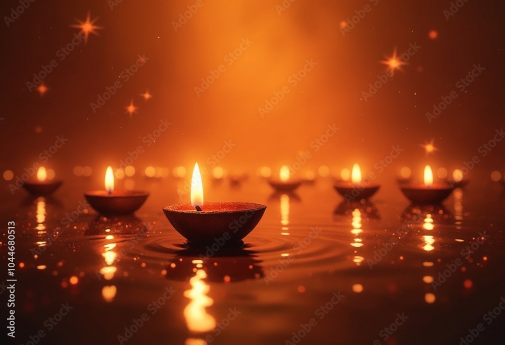 Radiant Diwali background with Diya's floating on water and reflected light effects Radiant Diwali background with Diya's floating on water and reflected light effects