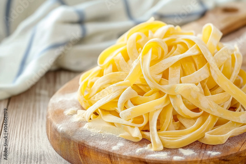 Tagliatelle pasta nests on wooden cutting board with eggs and cheese