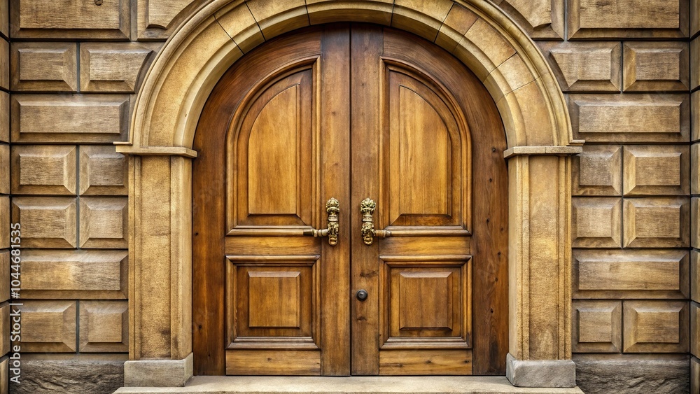 Symmetrical wooden door with brass handle and arch above Symmetrical wooden door with brass handle and arch above