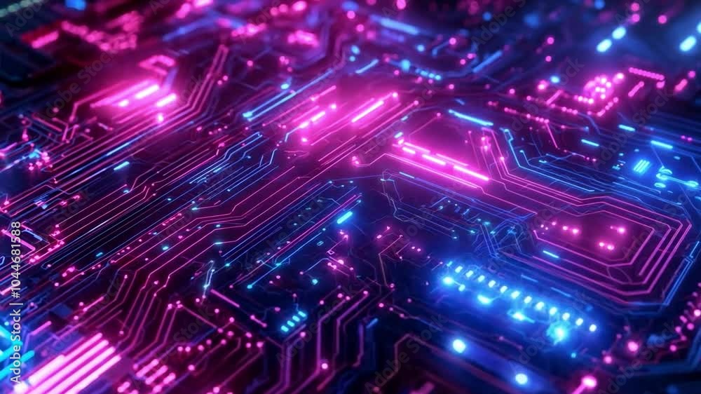 Colorful electronic circuitry with blue and pink lights illuminating the surface, showcasing a futuristic technology Colorful electronic circuitry with blue and pink lights illuminating the surface, showcasing a futuristic technology