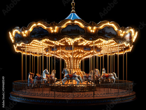 A festively decorated Christmas carousel with horses isolated on black background
