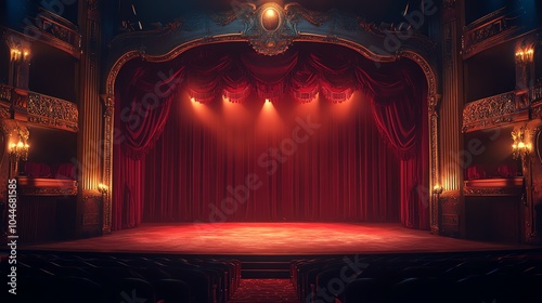 Theater stage with red curtains and lighting