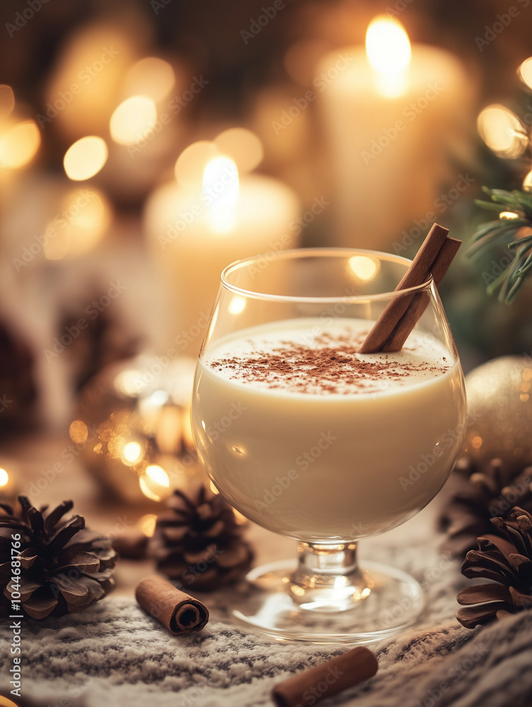 Eggnog with Cinnamon Stick in Cozy Christmas Candlelit Setting Eggnog with Cinnamon Stick in Cozy Christmas Candlelit Setting