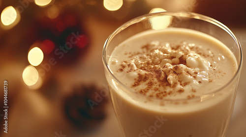 Eggnog with Whipped Cream and Cinnamon Garnish in Christmas Decor