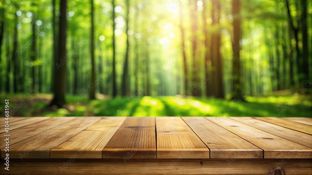 Symmetrical wooden table top with blurred green forest background Symmetrical wooden table top with blurred green forest background