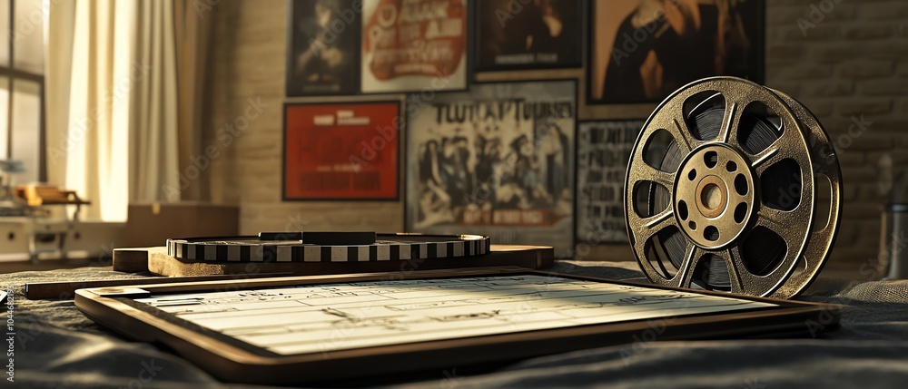 Fototapeta premium Film reel and movie posters on a table