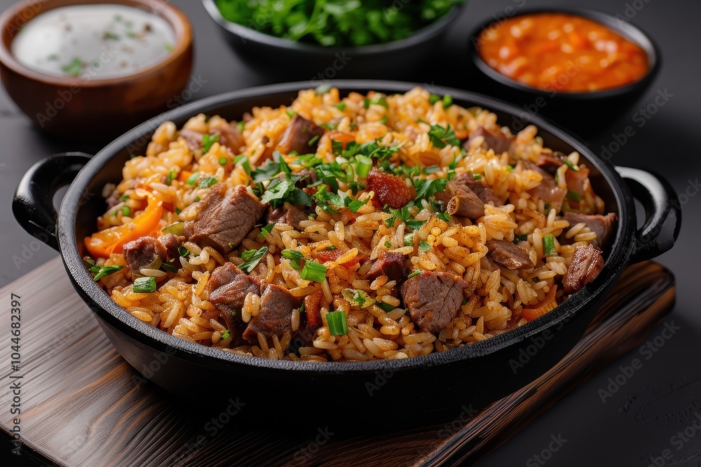 A dish of arroz carreteiro, a flavorful rice dish cooked with dried beef, tomatoes, onions, and herbs, garnished with green onions A dish of arroz carreteiro, a flavorful rice dish cooked with dried beef, tomatoes, onions, and herbs, garnished with green onions