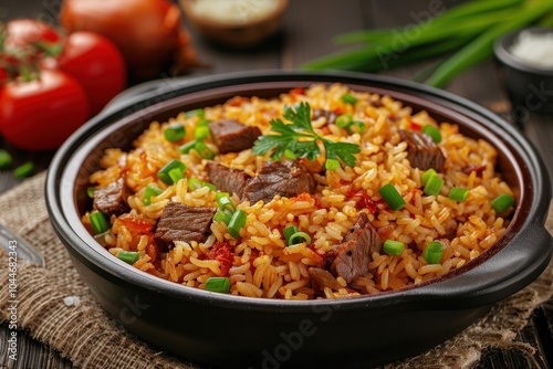 A dish of arroz carreteiro, a flavorful rice dish cooked with dried beef, tomatoes, onions, and herbs, garnished with green onions