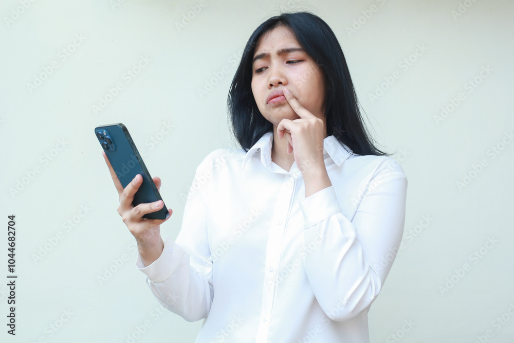 confused asian woman wondering using mobile phone app and social media read news with fist on chin show disbelief facial expression wearing white formal suit standing over isolated background confused asian woman wondering using mobile phone app and social media read news with fist on chin show disbelief facial expression wearing white formal suit standing over isolated background