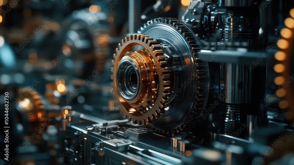 Intricate Close-Up of Metallic Gears and Cogs in a Modern Industrial Machine with Warm Lighting Intricate Close-Up of Metallic Gears and Cogs in a Modern Industrial Machine with Warm Lighting