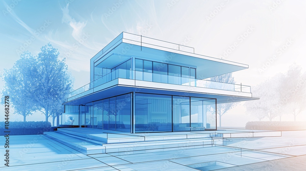 Modern House Architectural Blueprint with Pool and Landscape Design