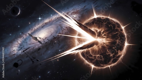 Fototapeta Naklejka Na Ścianę i Meble -  Solar flare in space with intricate details and sharp, intense rays of light, set against a swirling galaxy with stars, nebulas, planets, and a futuristic space station