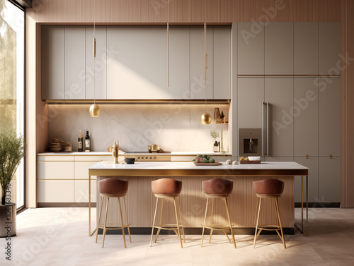 Mid century modern style inspired kitchen with wood panneling. Natural materials interior. Kitchen in light colors with dining area and bronze accents. photo