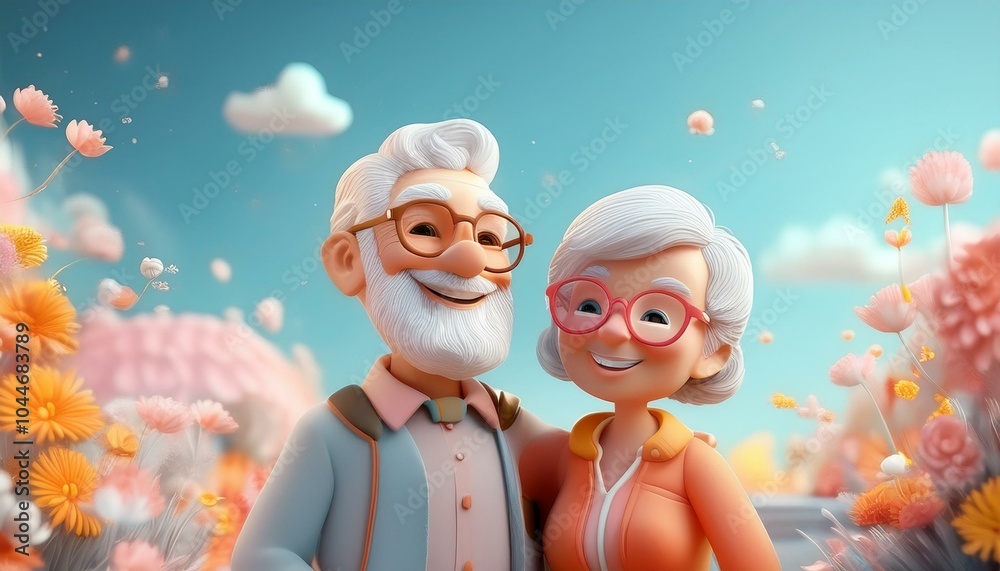3d cute cartoonish happy retire lifestyle illustration, couple, outdoor, soft pastel hue 3d cute cartoonish happy retire lifestyle illustration, couple, outdoor, soft pastel hue