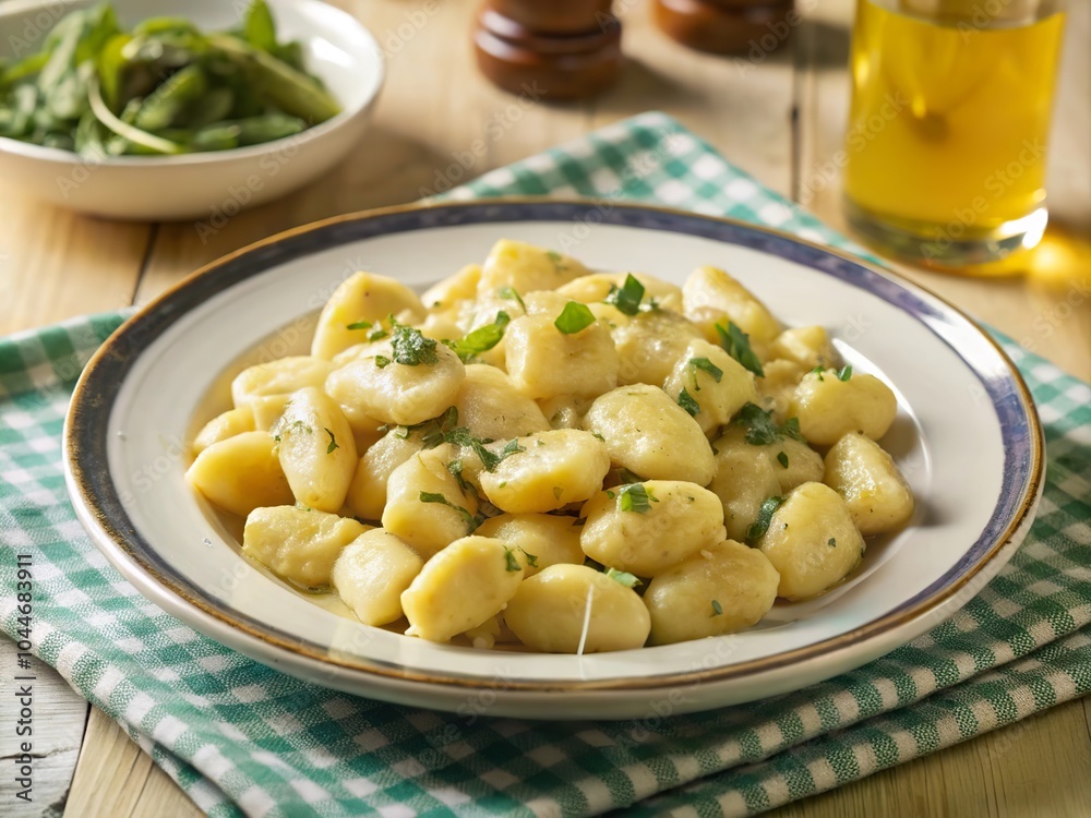 Delicious fresh potato gnocchi served on a rustic table with olive oil and herbs Delicious fresh potato gnocchi served on a rustic table with olive oil and herbs