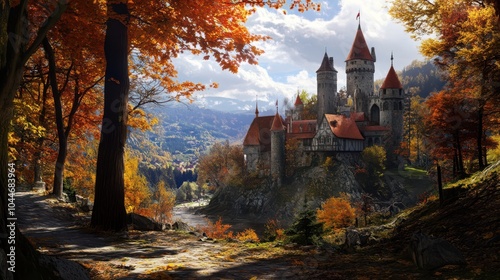 Wide view of a medieval castle surrounded by vibrant trees