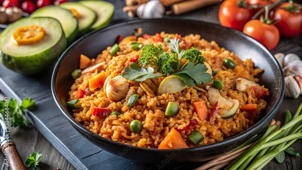 Delicious kimchi fried rice served on a wooden table with fresh vegetables and herbs, perfect for a hearty meal Delicious kimchi fried rice served on a wooden table with fresh vegetables and herbs, perfect for a hearty meal