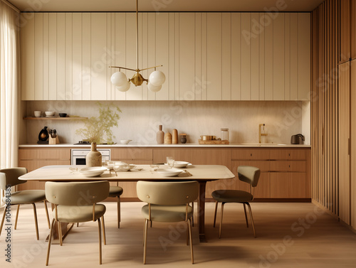 Mid century modern style inspired kitchen with wood panneling. Natural materials interior. Kitchen with dining area and bronze accents. photo