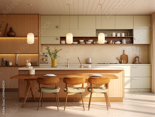 Mid century modern style inspired kitchen with wood panneling. Wood panneling interior. Natural colors interior. photo