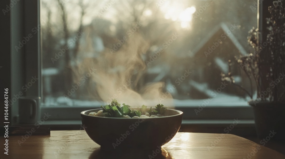 Cozy Bowl of Pho with Fresh Garnishes at Sunset Cozy Bowl of Pho with Fresh Garnishes at Sunset