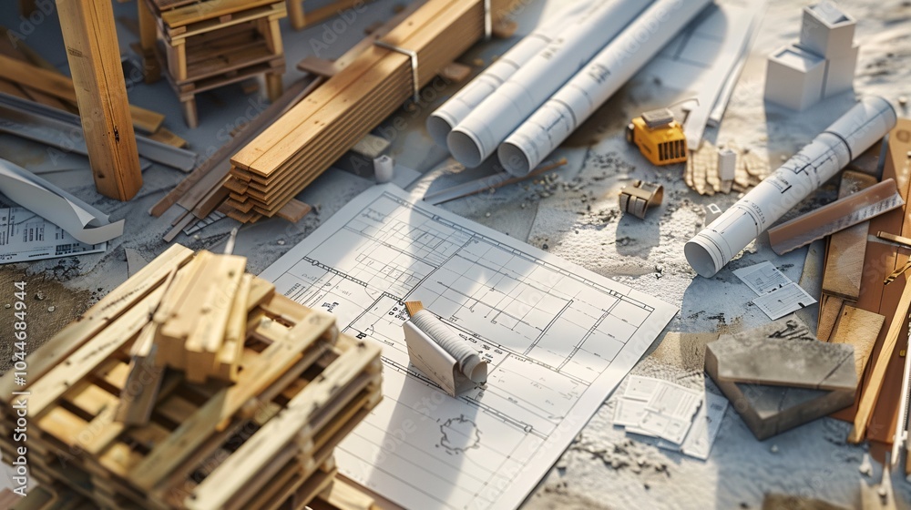 Construction Plans and Materials on a Worksite Construction Plans and Materials on a Worksite