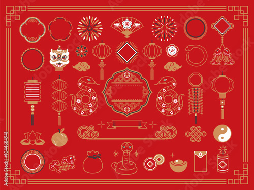 2025 snake and Chinese new year icon set, vector, illustration