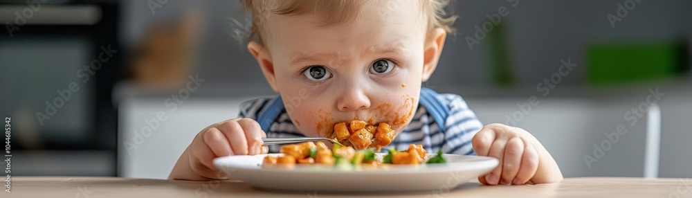 Toddler enjoying a meal with messy face and plate of food. Toddler enjoying a meal with messy face and plate of food.
