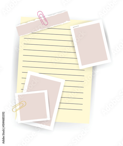 Paper notes stickers. Place for memo messages on paper sheets. Attached with sticky colorful tape on grey background isolated vector illustration