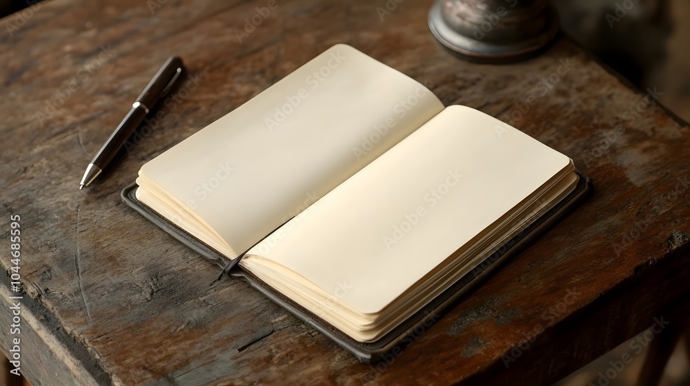 An open notebook lies on a rustic wooden table next to a pen, inviting creativity and thoughts to be captured within its blank pages. An open notebook lies on a rustic wooden table next to a pen, inviting creativity and thoughts to be captured within its blank pages.