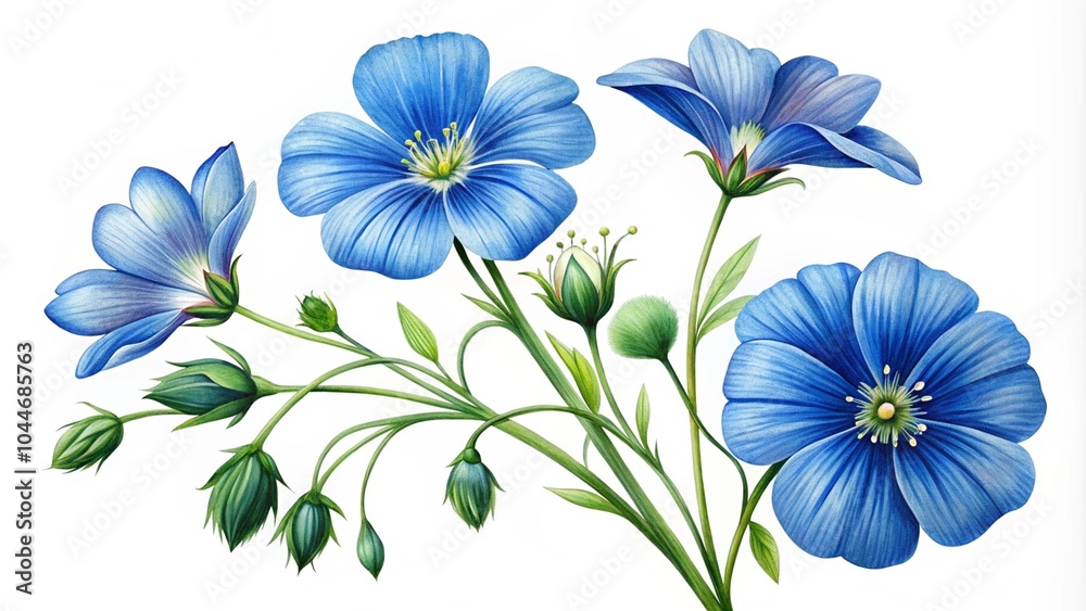 Fototapeta premium Set Flax flower isolated on white background, blue flower, white background. Watercolor floral vector pattern with blue flowers for various uses. Flax plant. Isolated flax on white background
