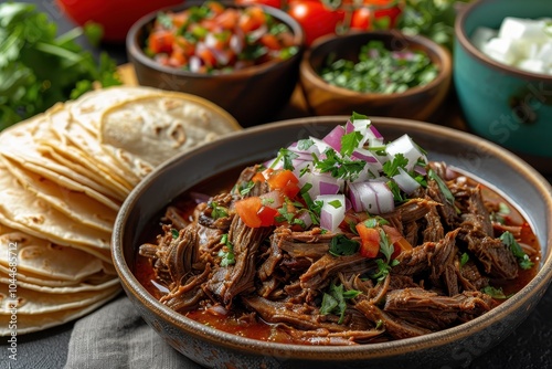 A dish of barbacoa, tender shredded beef traditionally slow-cooked, served with soft tortillas, onions, cilantro, and salsa