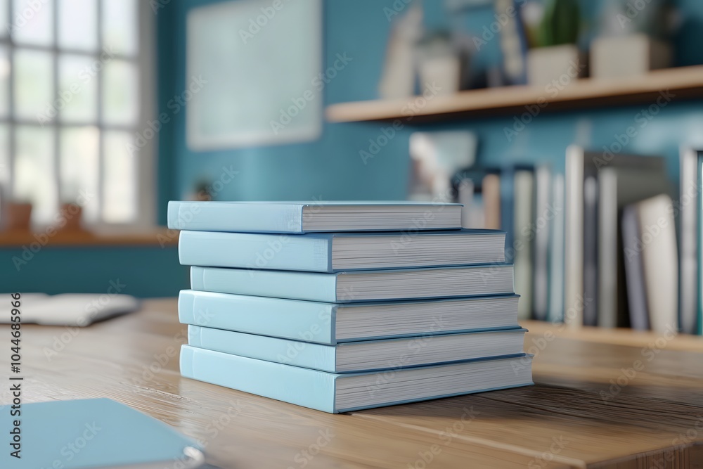 A stack of light blue notebooks rests on a wooden table, set against a backdrop of a cozy, well-lit study with shelves and a window. A stack of light blue notebooks rests on a wooden table, set against a backdrop of a cozy, well-lit study with shelves and a window.