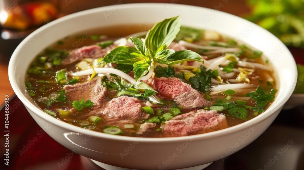 Cozy Pho Bowl with Fresh Garnishes in Natural Light Cozy Pho Bowl with Fresh Garnishes in Natural Light