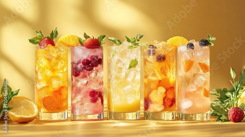 nviting lineup of five colorful iced drinks, garnished with fresh fruits and herbs, stands aglow in the warm golden sunlight, perfect for summer menu promotions or beverage