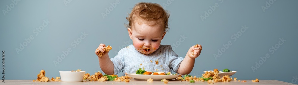 Happy baby enjoying messy meal with food on plate and table. Happy baby enjoying messy meal with food on plate and table.