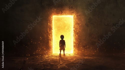 child standing in darkness opening a glowing doorway