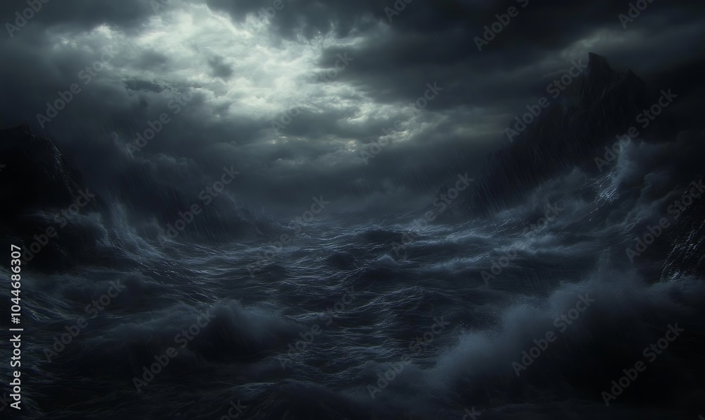 Dark, stormy sky over a tumultuous, churning sea with ominous, jagged mountain peaks in the distance. Dark, stormy sky over a tumultuous, churning sea with ominous, jagged mountain peaks in the distance.