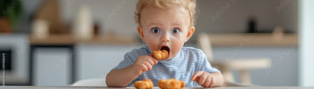 Cute toddler enjoying snacks at a modern kitchen table with excitement. Cute toddler enjoying snacks at a modern kitchen table with excitement.