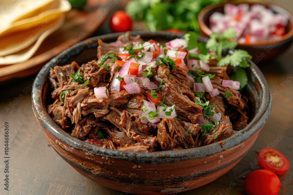 A dish of barbacoa, tender shredded beef traditionally slow-cooked, served with soft tortillas, onions, cilantro, and salsa A dish of barbacoa, tender shredded beef traditionally slow-cooked, served with soft tortillas, onions, cilantro, and salsa